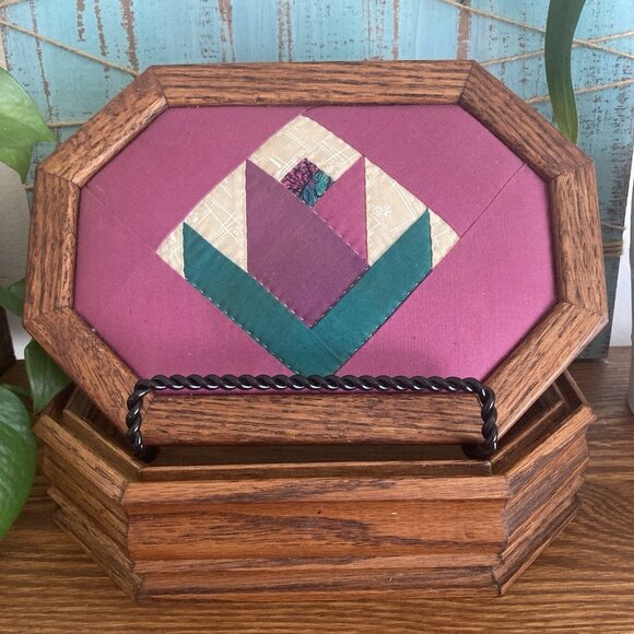 VTG Wooden Quilted Top Octagonal Purple Green Tulip Trinket Box Folk Art - Picture 1 of 13